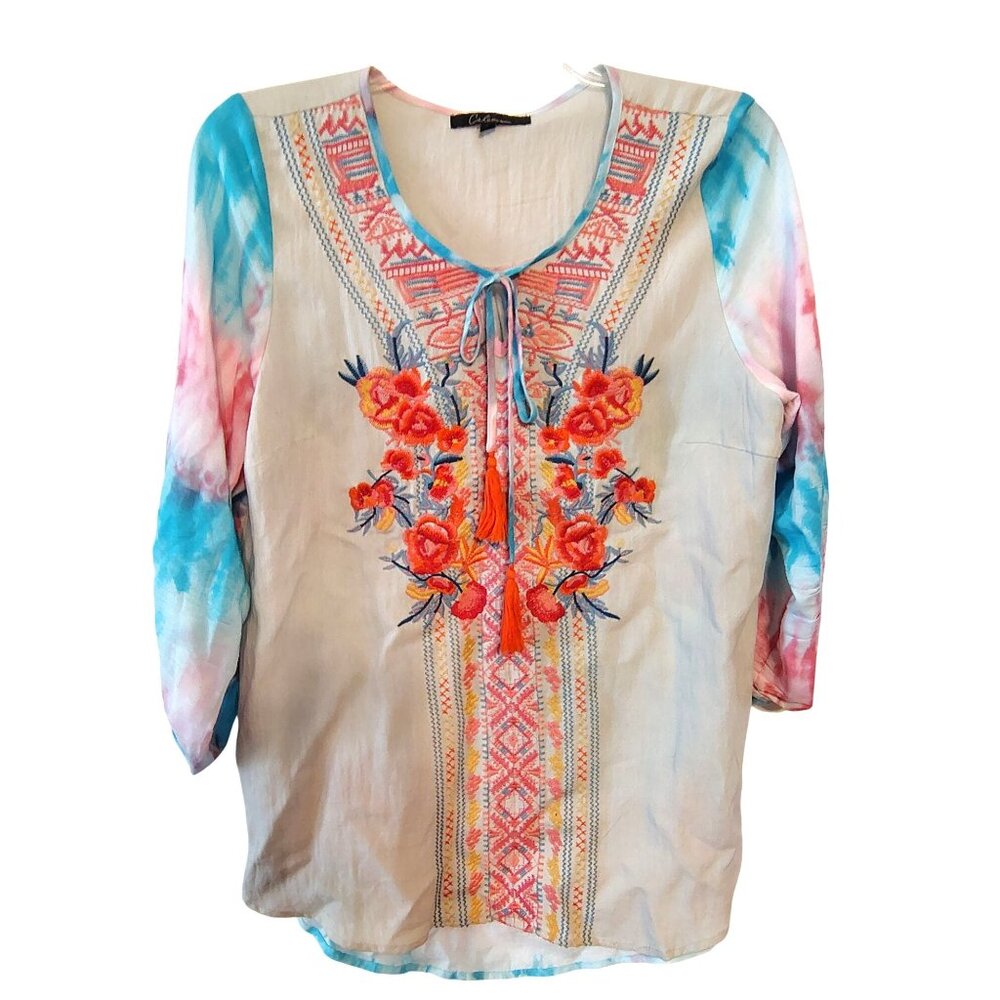 Calessa Large Embroidered Tunic Top, Cotton, Orange Pink Flower, Boho Roll Tab